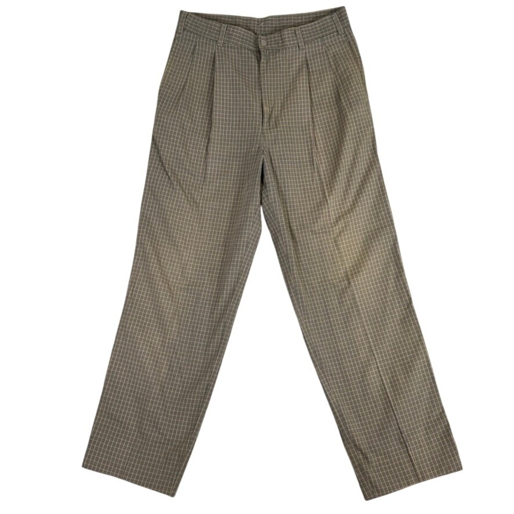 Vtg. Levis Dockers Mens 31x29 Brown Blue Grid Check Pleated Relaxed Fit Trousers